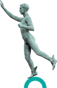 Socha římského boha Merkuta se vztyčenou pravicí, má sandále s křidélky. Stojí na polokouli.